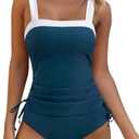 RXRXCOCO Women Tankini Bathing Suits Tummy Control Ruched Swimsuits Colorblock Drawstring Swimwear S