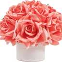 Artificial Rose Bouquet in Ceramic Vase, Silk Flower Arrangement in Pot, Real Touch Fake Flowers with White Vase for Wedding Home Centerpiece Coffee Table Bathroom Anniversary Decor & Gift (Coral)