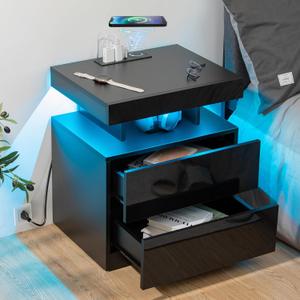 HOMMPA LED Nightstand with Wireless Charging Station & USB Ports High Gloss Bedside Table with LED Light RGB Adjustable Brightness Smart Nightstand 2 Drawers Night Stand for Bedroom Black (1PC)