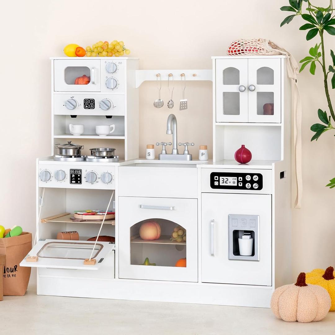 Wooden Play Kitchen for Kids with Realistic Lights and Sounds, Large Toddlers Interactive Kitchen Playset with Ice Maker, Stove, Sink, Oven, and 12 Accessories, Pretend Play Kitchen Set for Ages 3-8