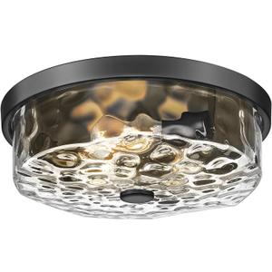 Flush Mount Ceiling Light with Water Ripple Glass Shade, Modern 3-Light Ceiling Lighting for Kitchen Living Room Porch Hallway, Industrial Black Ceiling Lamp for Lighting and Decoration