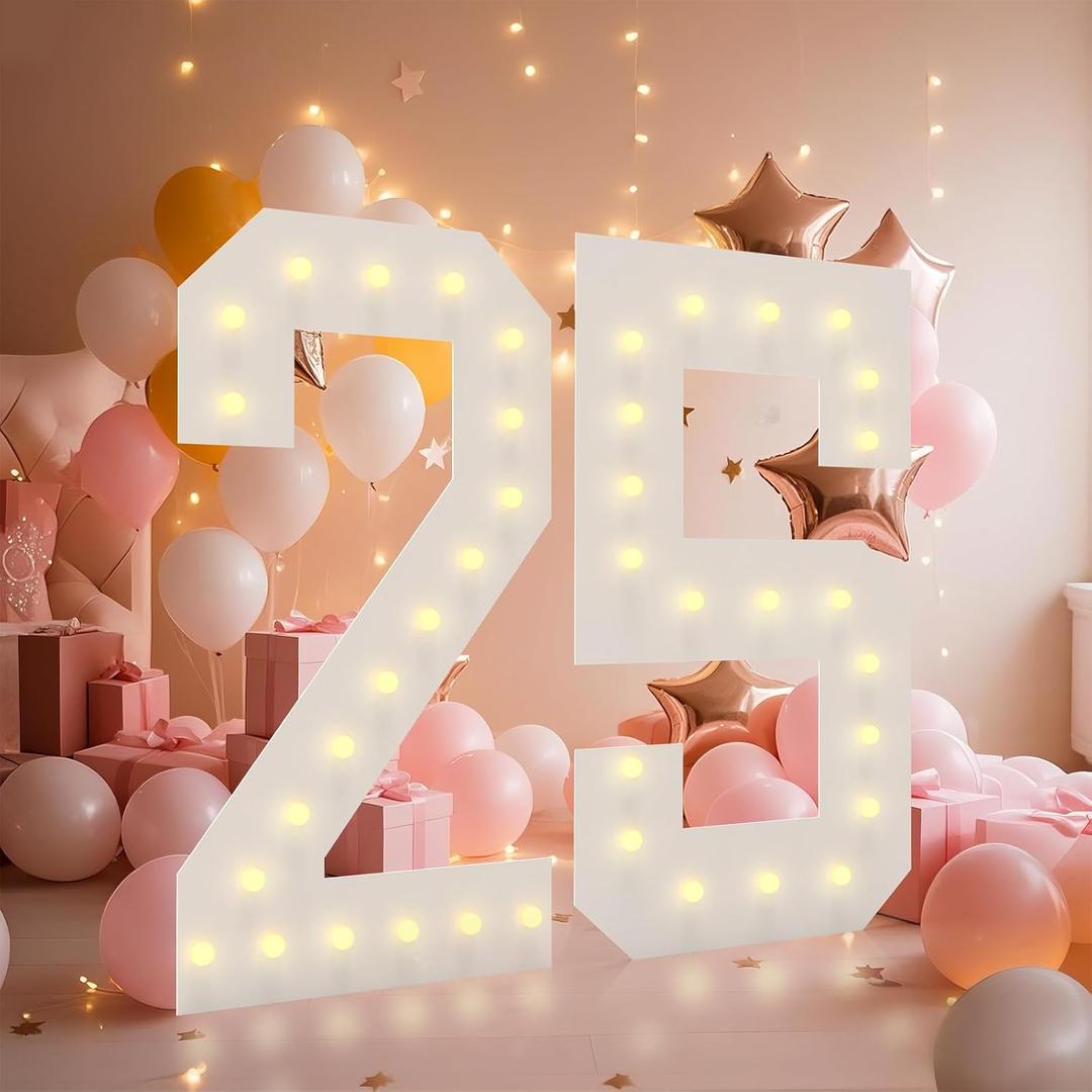 4FT Light Up Numbers, Marquee Numbers 4 Feet Tall Giant Number 25 Mosaic Big Number Sign for 25th Birthday Party Backdrop Anniversary Decorations, Pre-Cut Large Frame