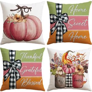2 x Artscope Fall Decorative Throw Pillow Covers 20x20 Inch Set of 4 Fall Gifts for Home Decor, Autumn Pumpkin Sweet Home Thankful Grateful Blessed Outdoor Farmhouse Pillow Cases for Sofa Couch-Pink