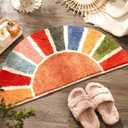 Large Sunrise Boho Bathroom Rugs, Cute Half Circle Bath Mat, Colorful Sun Bath Mats, Retro Bohemian Bathroom Decor, Fun Semi Round Shower Rug Non-Slip, Aesthetic Washable Bath Rug 37"x 20" (Sunrise-big)