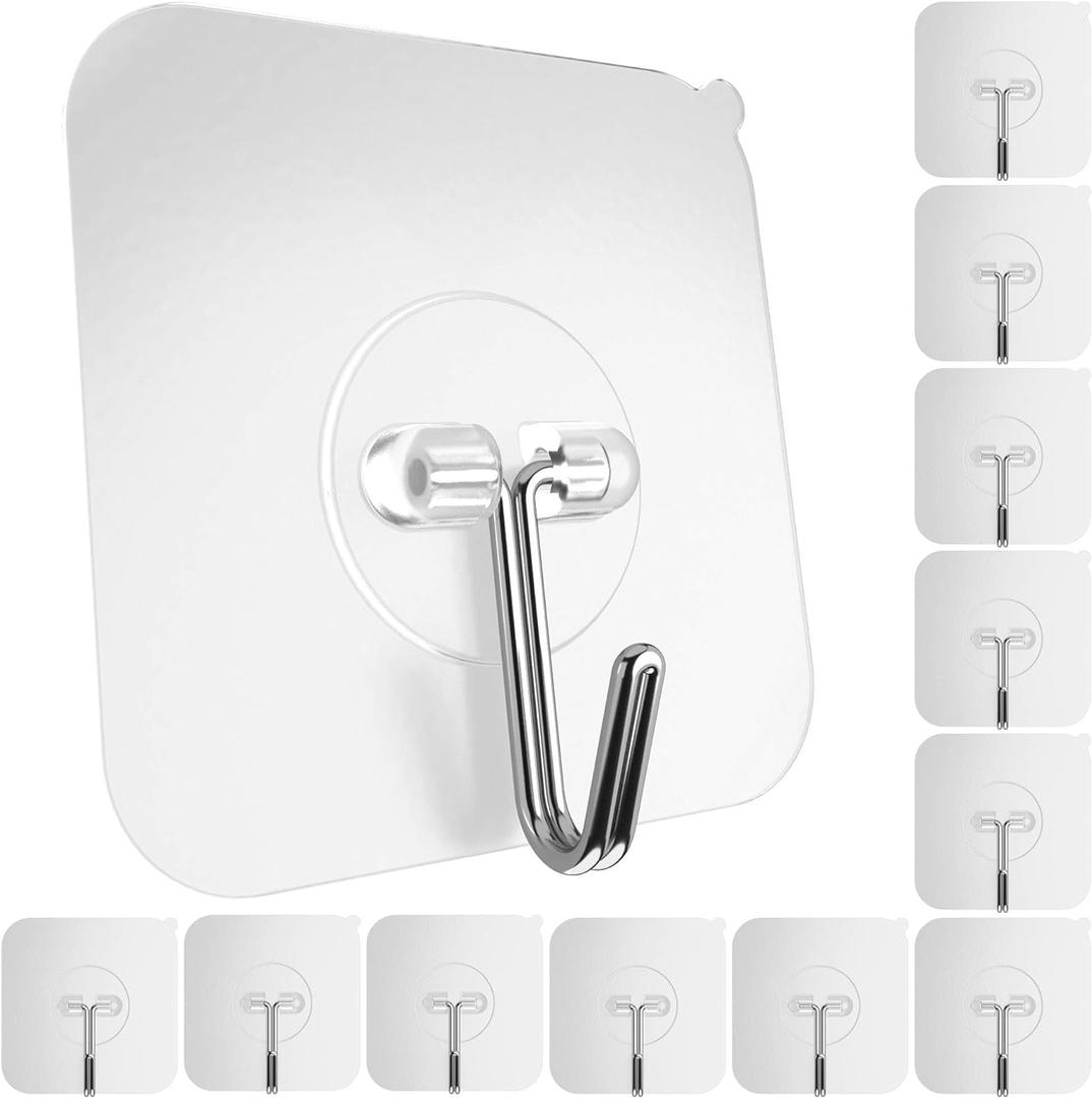 GLUIT Adhesive Wall Hooks for Hanging Heavy Duty 22 lbs Hooks for Walls No Damage, Towel Sticky Clear Hooks, Waterproof, Home, Bathroom, Kitchen, Office, and Outdoor 12 Pack (12 Medium Hooks)