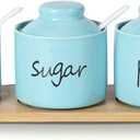 ONTUBE Farmhouse 8oz Sugar Pepper and Salt Bowls with Lid and Spoon, Ceramics Condiment Pots,Seasoning Jar Spice Container for Kitchen,Dishwasher Safe (Turquoise)
