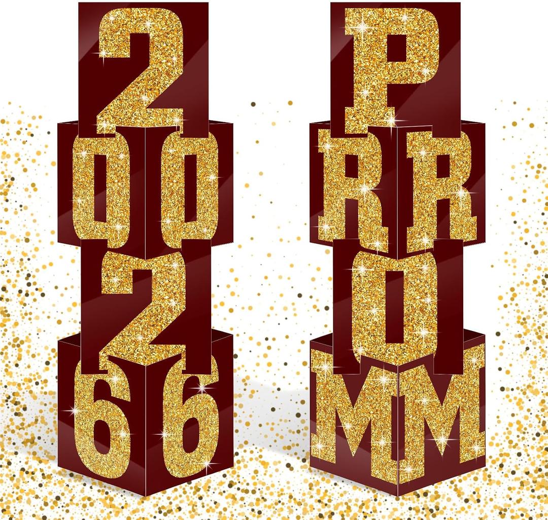 Queekay 8 Pcs Prom Column Standup Photo Booth Decorations 2026 Prom Backdrop Balloon Boxes Cardboard Decoration Column for Party College, 11.8 x 44.9 Inch(Maroon, Gold)