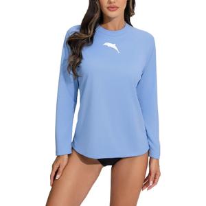 Halcurt Women's Long Sleeve Rash Guard Swim Shirt with Built in Bra Lightweight UPF50+ Quick Dry Swimsuit Top (Blue, XL)