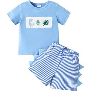 Toddler Baby Boy Clothes Dinosaur Embroidered Print Short Sleeve T-Shirt Elastic Striped Shorts Set 2 Piece Summer Outfits (Blue)