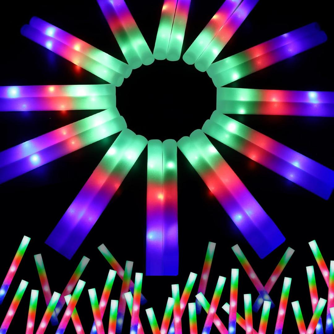 Wellent 68 PCS LED Foam Glow Sticks Bulk, Glow in the Dark Party Supplies with 3 Modes Colorful Flashing, Neon Party Favors for Birthday, Wedding, Carnival, Concert, Halloween Glow Sticks