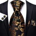 Hi-Tie Mens Plaid Ties Classic Paisley Necktie with Handkerchief Cufflinks Set Business Stripe Tie (Black Gold Floral)