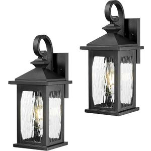 zeyu 2 Pack Outdoor Light Fixtures, Exterior Front Porch Lightings for Garage Doorway, Die-Cast Aluminum with Water Ripple Glass, Black Finish, ZD99B-2PK BK-WP