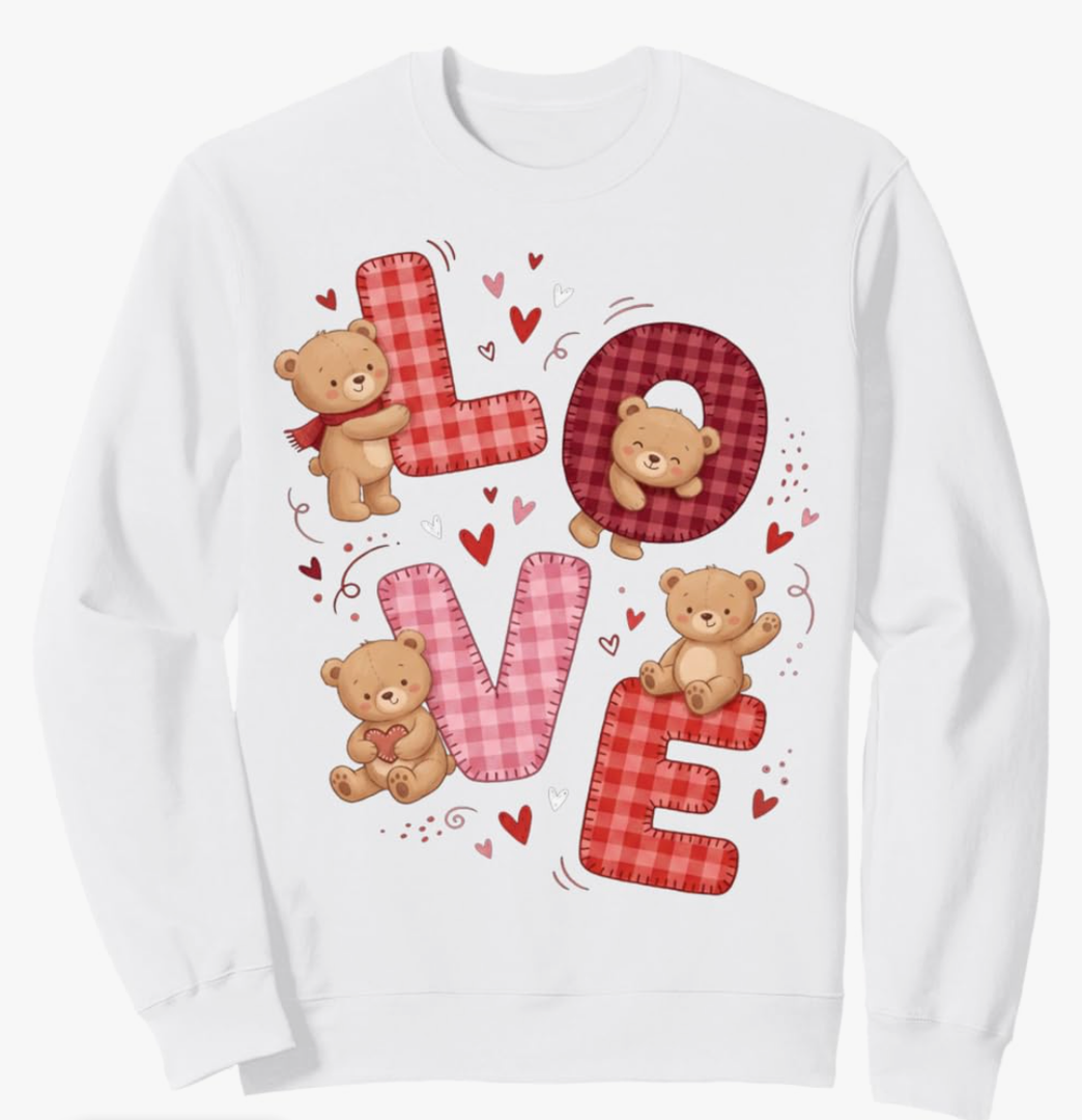 Cute Teddy Bear Women Valentines Shirt Girl Love Heart Sweatshirt, L