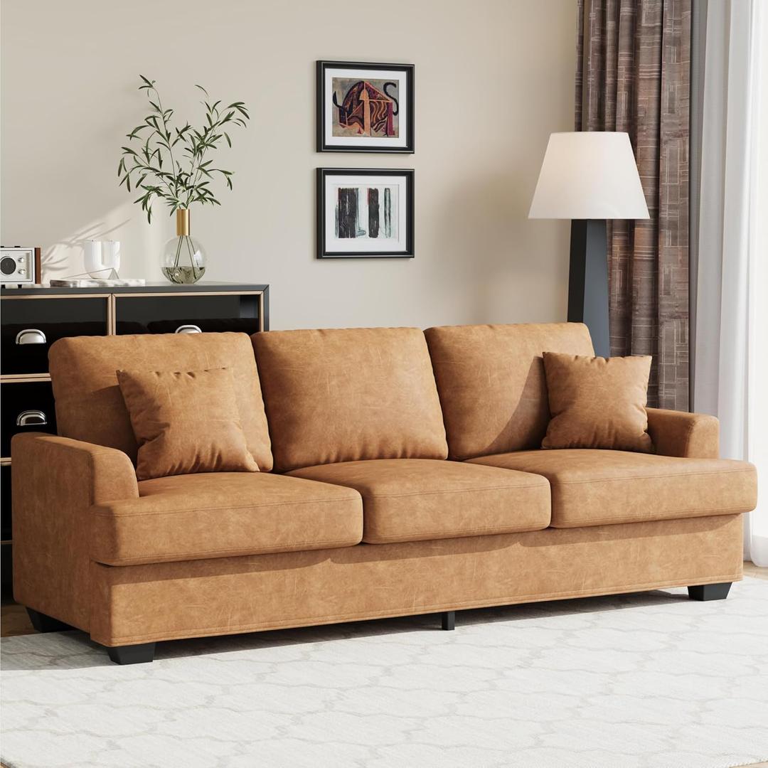 IDEALHOUSE Modern 86" Leather Sofa with 2 Throw Pillows, Deep Seat Couch with Upholstered Cushion & Removable Cover,Comfy Faux Leather Sofa Couch for Small Space Apartment Lounge, Brown