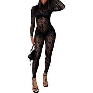hibshaby Sexy Mesh Black Leopard Jumpsuits for Women Bodycon Outfits Streetwear Rompers, Large