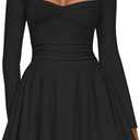AGSEEM Womens Mini Dress Long Sleeve Square Neck Ruffle Hem Corset Ruched Waist A Line Short Party Dresses (Black, S)
