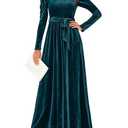 ZESICA Women's Velvet Maxi Dress Fall 2025 Long Puff Sleeve Crew Neck Elastic High Waist Cocktail Party Bridesmaid Dresses (Teal Green, Large)