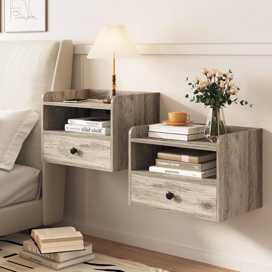 Floating Nightstand Set of 2 Modern Night Stands with Drawer and Open Shelf Cubby Small Bedside End Table with Charging Station Wall Mounted Nightstands Set 2 for Bedroom Grey