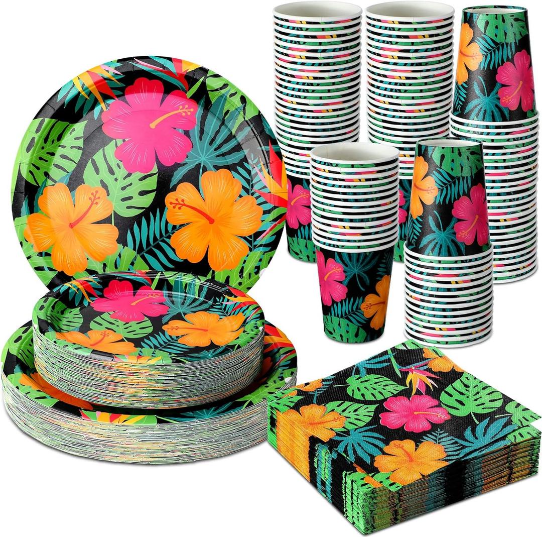 Jingmore 200 Pcs Tropical Nights Hawaiian Aloha Party Supplies Serve 50 Guests Luau Paper Plates Cups Napkins for Summer Beach Tableware Pool Party