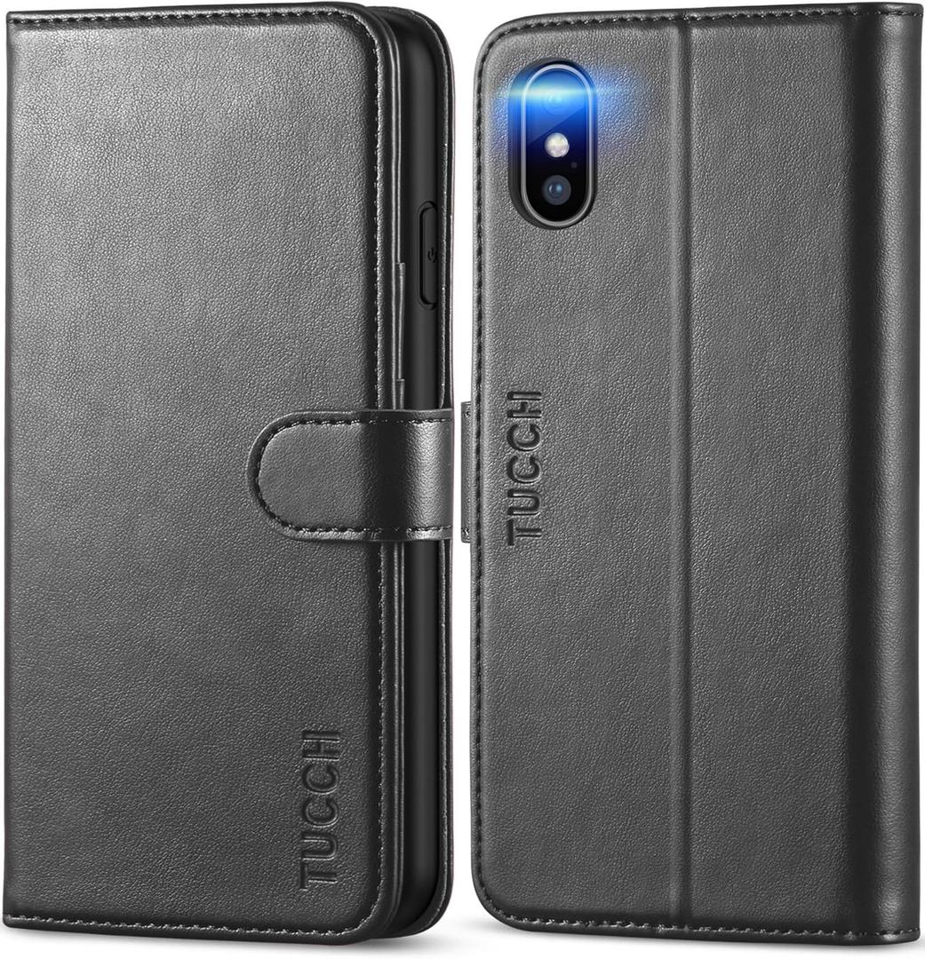 TUCCH Case Wallet for iPhone Xs Max, PU Leather Flip Cover with RFID Blocking Card Slot, Stand [Auto Wake/Sleep] Wireless Charging Shockproof TPU Shell Compatible with iPhone Xs Max 6.5", Black