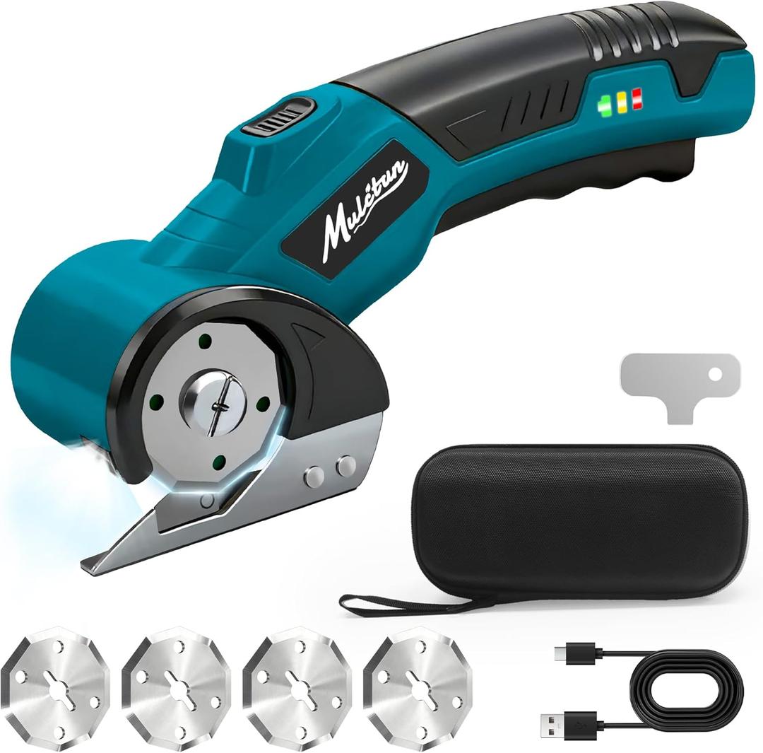 Electric Box Cutter with 4 Safety Blades,Storage Bag,Cardboard Cutter with Safety Lock,Led Light,4V 2000mAh Cordless Electric Scissors for Carton Carpet Fabric LeatherDark Blue