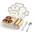 NUKied Stainless Steel Lunch Box for Kids & Adults, 3-Compartment Leak Proof Metal Bento Lunch Box with Fork & Spoon, 26.4 oz Airtight Food Storage Snack Container for School, Work, Travel (Beige)