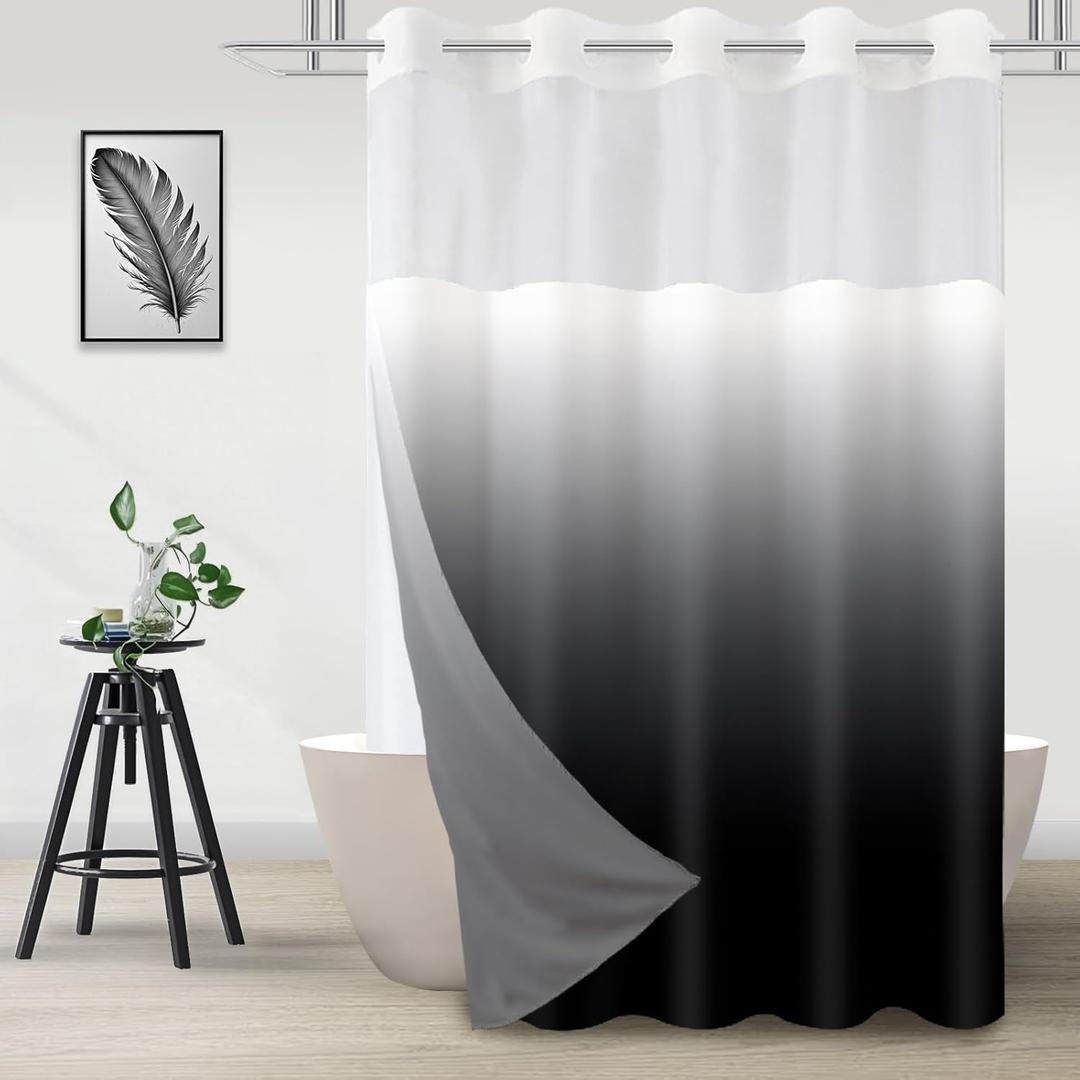 Long No Hook Shower Curtain with Snap in Liner, Black and White Shower Curtains and Liner Set, Ombre Hotel Fabric Bath Curtain for Bathroom, Mesh Top Window Waterproof Washable, 71" x 77"