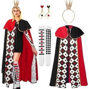 Mprocen 4PCS Red Queen Cape for Women Queen Robe Custome Kit Earringss Sock Crown for Halloween Party Cosplay Dress Up