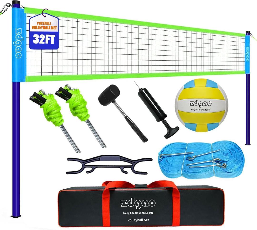 Volleyball Net Outdoor - Portable Volleyball Set for Backyard with Professional Volleyball Net, Wrap Yarn Volleyball and Pump, Boundary Line, Carry Bag, 32 Feet X 3 Feet