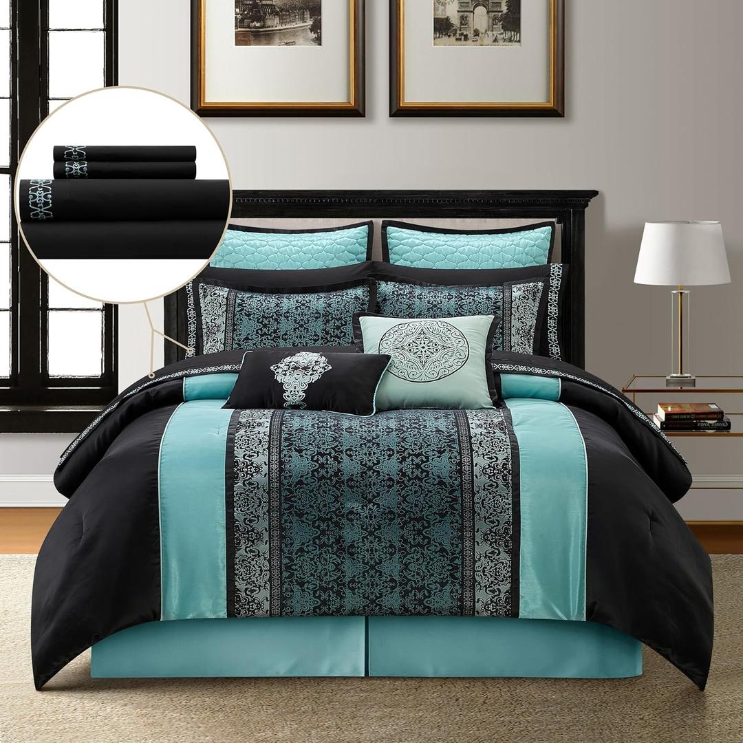 Grand Avenue Black & Teal Comforter Set King Size, Classic Jacquard Bedding Sets, Faux Silk, Premium Microfiber, 12 Pieces Bed in a Bag, Matching Fitted Sheet, Flat Sheet