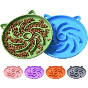 2Pcs Silicone Slow Feeder Cat Bowl,Puzzle Feeder,Interactive Toys,Slow Feeding cat Bowl Suitable for All Dry and Wet Foods,Easy to Clean Silicone Bowls (Green and Blue)