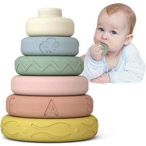 Mini Tudou 6 PCS Baby Stacking & Nesting Toys, Soft Stacking Blocks Ring Stacker, Baby Sensory Teether Toys with Letter, Animal and Shape, Early Learning Toys for Babies Toddlers Kids 6 Months (1-original)