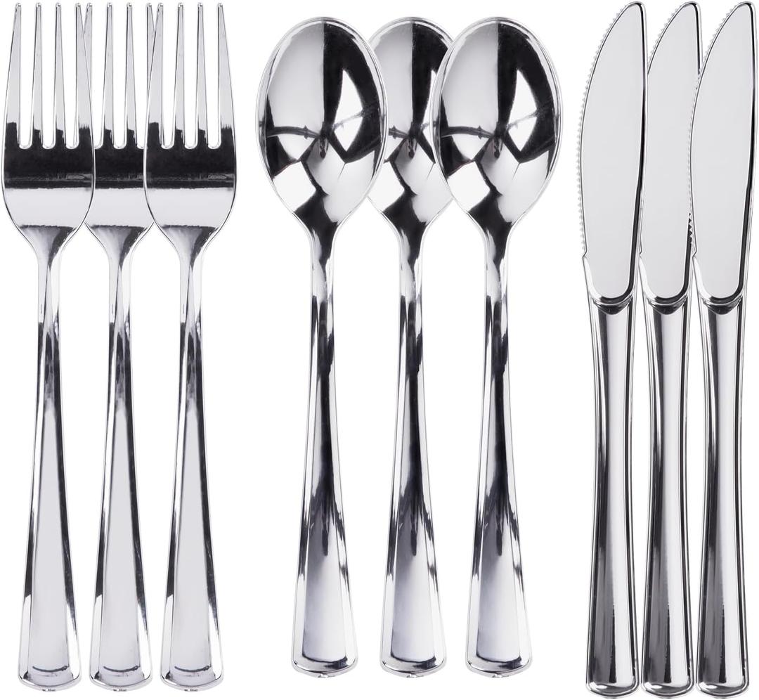 Prestee 300 Piece Heavy Duty Plastic Silverware Set - 100 of Each Silver Plasticware Forks, Spoons, Knives - Flatware Cutlery for Weddings - Durable Disposable Plastic Utensils for Catering, Buffets