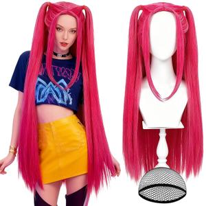 MEEZY Long Straight Hot Pink Wig for Women Adult, Halloween Cosplay Funny Wig with 2 Ponytails Realistic Scalp Hair Cap for Halloween Costume Drag Queen Christmas Dance Anime Theme Party Supplies