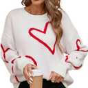 Women's Oversized Cute Heart Print Sweaters Fashion Long Sleeve Sweaters Crewneck Loose Pullover Knitted Tops (Medium, White)