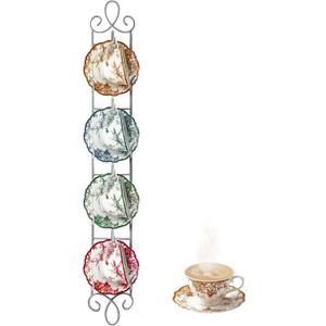 Blulu 1 Pcs Wall Mounted Tea Cup & Saucer Display Rack, 4-tier Metal Mug Holder with Plate Hangers, Decorative Wall Storage for Kitchen, Gift&Coffee Bar Display, 36'' x 5'' (White)