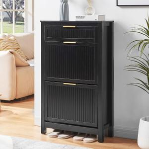 2 Flip Drawers Shoe Cabinet Storage for Entryway, Narrow Hidden Shoes Organizer for Front Door Entrance, Free Standing Shoes Cabinet Wooden Hallway Shoe Rack(Black), Medium
