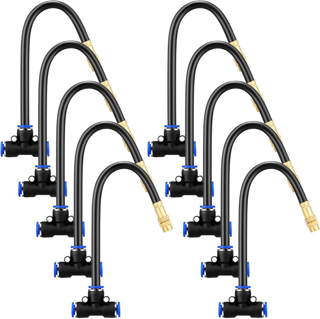 Zonon 10 Pcs Brass Misting Nozzles Tee with 8" Built in Hose for 0.32"/8 mm Tubing 360 Degree Rotation Adjustable Water Mister Nozzle Thread Sprayer Misting Part Accessories for Patio Outdoor Cooling