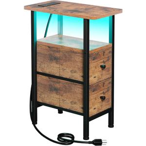 Narrow End Table Living Room with Charging Station, Skinny Side Table with Fabric Drawers, Slim LED Nightstand for Bedroom, Small Spaces, Couch, Rustic Brown, HETNDP02LPBR-1