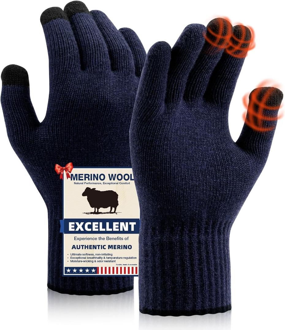 Merino Wool Gloves for Men Women, Touch Screen Warm Glove Liners Thermal Soft Knit Lining for Winter Running Hiking (Large, C04-(classic Blue))