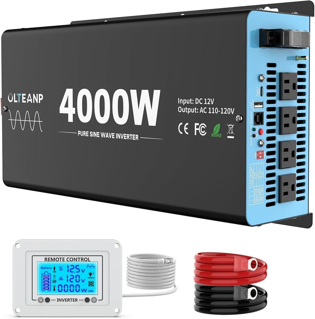 4000 Watts Pure Sine Wave Inverter 12V DC to 110V AC, 8000W Peak Power, 4 AC Outlets, USB & Type-C Port, Adjustable Input for Lithium Battery, RV/Truck/Boat/Solar Backup with LCD Remote