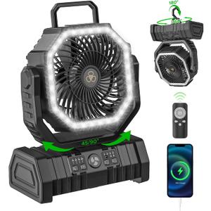 Rechargeable Camping Fan with LED Lantern, 20000mAh Auto-Oscillating Battery Operated Desk Fan with Remote&Hook, 8” Portable Fan for Picnic Fishing RV Jobsite Workshop Power Outages Hurricane(Black)