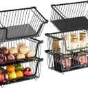 GAOKASE 6 Pcs Stackable Wire Baskets for Pantry Organizers and Storage,Vegetable Fruit Basket for Countertop,Kitchen Storage Metal Baskets,Produce Potato Onion Storage Bin,Black