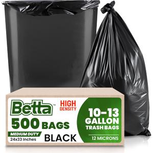 Betta 10-13 Gallon Black High-Density Trash Bags, 500 Count Box, (24x33-inch) Commercial Medium-Duty Garbage Can Liners