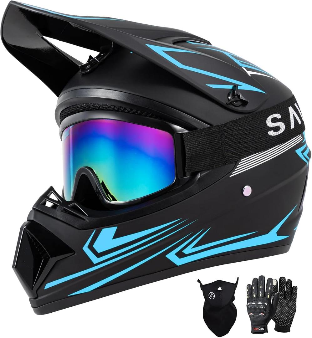 SPARK DOT Approved Youth Motocross Helmet Kids Dirt Bike Helmets - Full Face, Lightweight & Breathable for Off-Road E-Bike BMX MX ATV (with Gloves Goggles Mask) 4Pcs Set, Black Blue, Large(59-60cm)