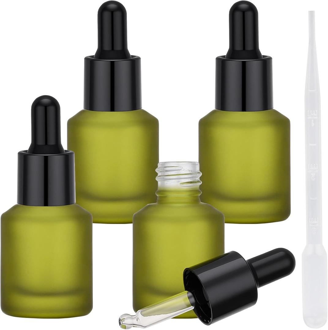 Segbeauty 0.5oz Frosted Glass Dropper Bottles for Oils, 15ml Eye Dropper Bottle Refillable, 4pcs Green Essential Oil Bottles Empty, Liquid Travel Containers for Toiletries, Mini Travel Face Oil Bottle