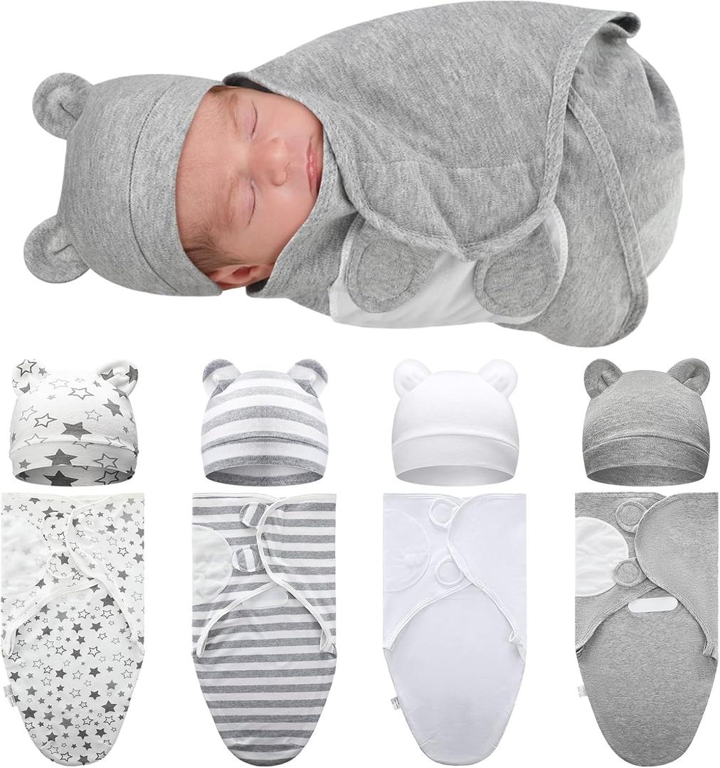 Buryeah 4 Pack Preemie Swaddle Blanket Wrap Set with Hat for Baby Boys Girls 3-7 Lbs Preemie Newborn Clothes Sleepers Cap, Medium, Star, Gray