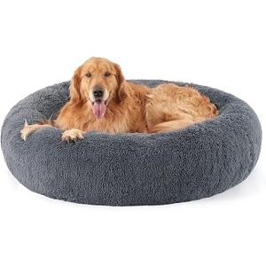 Bedsure Calming Dog Bed for Extra Large Dogs - Donut Washable Large Pet Bed, 45 inches Anti-Slip Round Fluffy Plush Faux Fur Dog Bed, Fits up to 120 lbs Pets, Dark Grey,45"L x 45"W x 10"Th