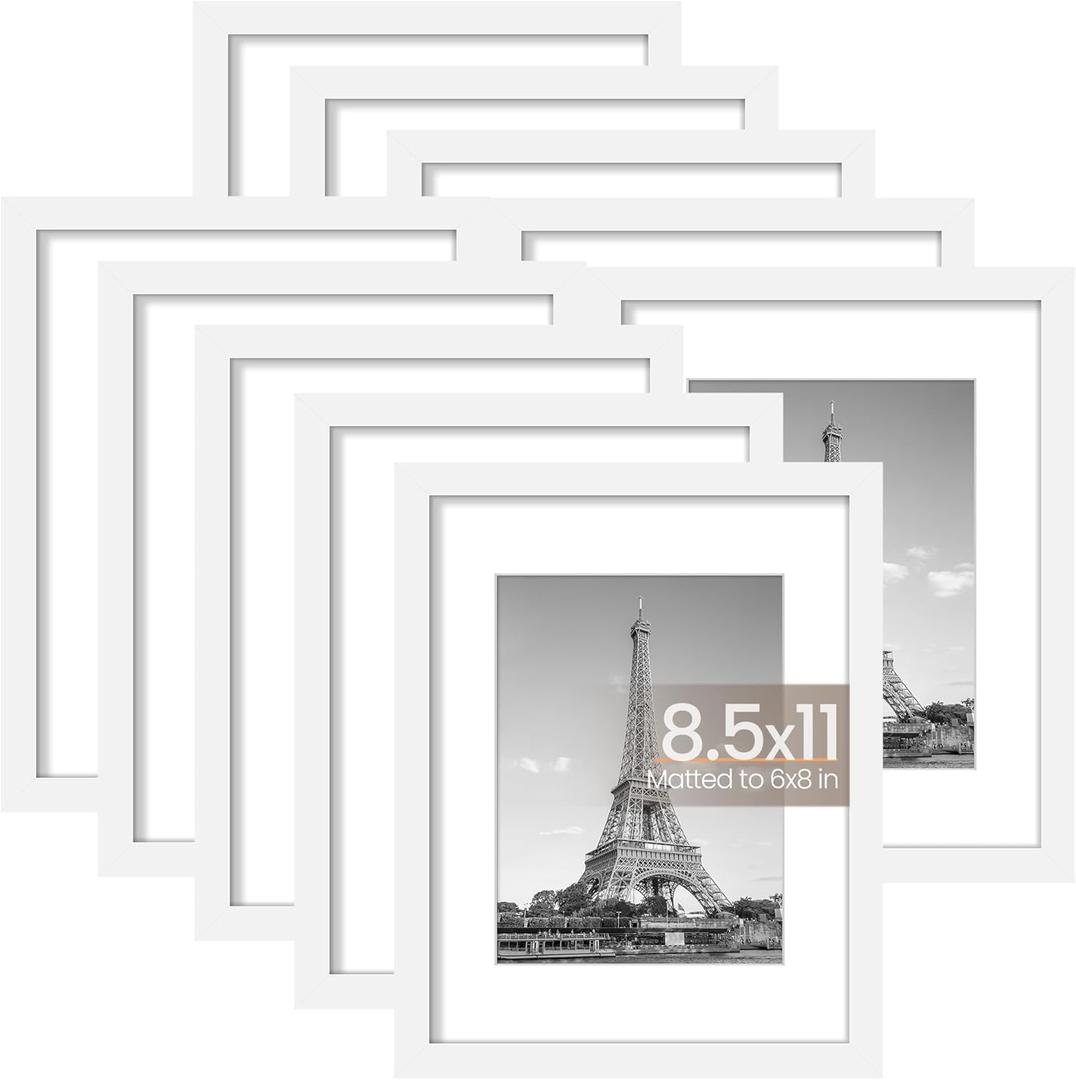upsimples 8.5x11 Picture Frame Set of 10, Display Pictures 6x8 with Mat or 8.5x11 Without, Multi Photo Frames Collage for Wall or Tabletop Display, White