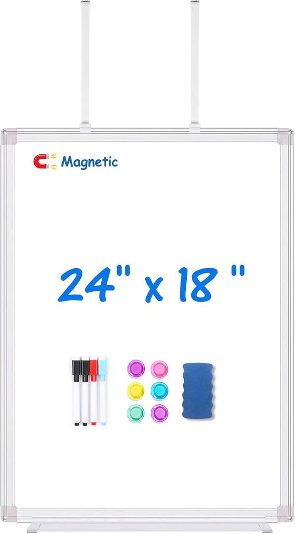 Magnetic Dry Erase Board for Doors, 24x18 Inch Whiteboard with Adjustable Long Arm Hook Mount - Easy to Install, Portable Hanging White Board for Home, Dorm Room, Office Cubicle & Small Spaces